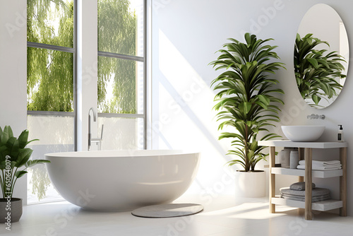 Interior design of modern bathroom with white bath tub  large window and houseplants in pots