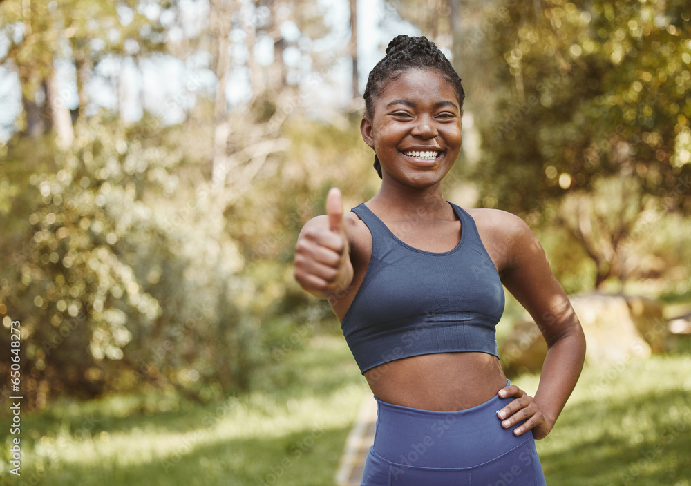 Black woman, portrait and thumbs up in nature for fitness, training or outdoor workout achievement. Happy African female athlete or runner smile with like emoji, yes sign or OK in success or exercise Black woman, portrait and thumbs up in nature for fitness, training or outdoor workout achievement. Happy African female athlete or runner smile with like emoji, yes sign or OK in success or exercise