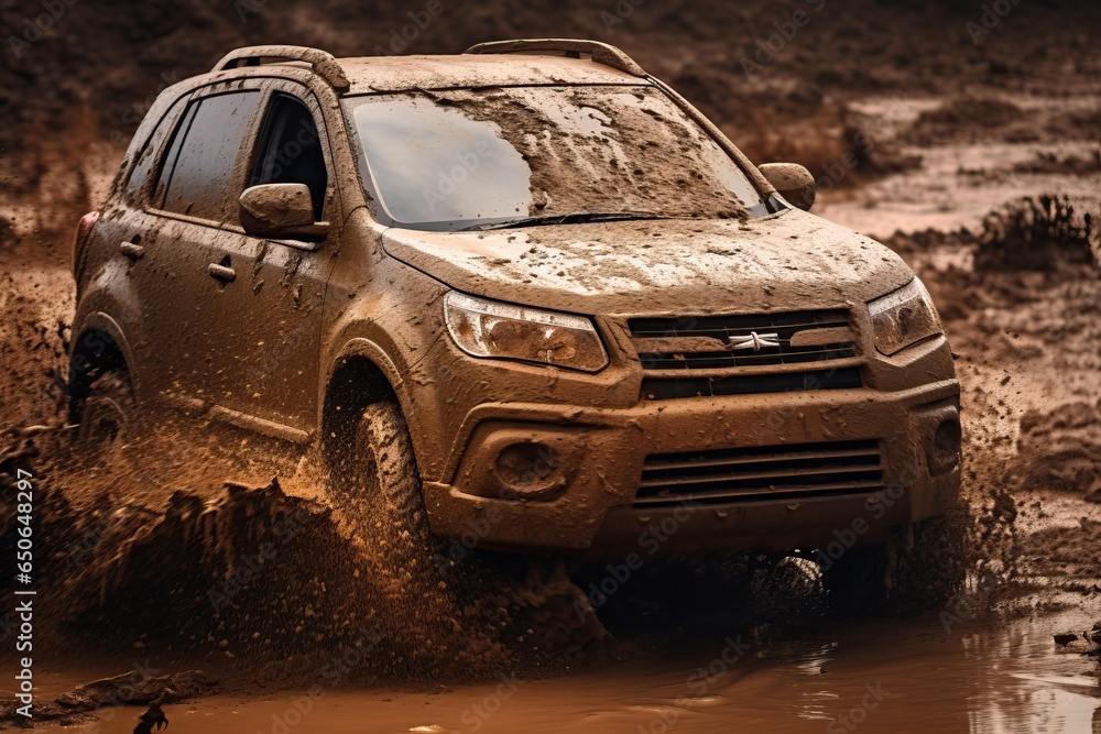 Fototapeta premium Off-road travel Car driving through mud Passed hard