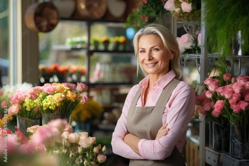 Fototapeta premium Portrait of happy woman standing in her flower shop. Cheerful mature saleswoman is waiting for customers of the flower shop.