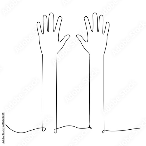 Hands up continuous line drawing. Raised arms linear symbol. Vector illustration isolated on white.