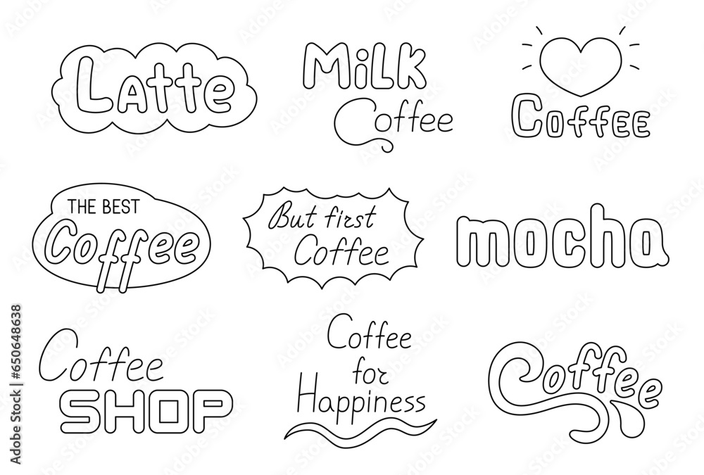 Handwritten text coffee shop cafe. Coloring Page. Quote calligraphy typography. Vector drawing. Collection of design elements.