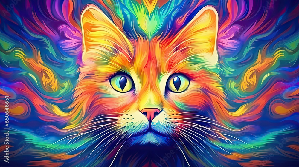 Psychic Waves: Aus der Fantasie in einer verträumten und spirituellen Erscheinung entstandene Visualisierung in Form einer farbenfrohen Katze