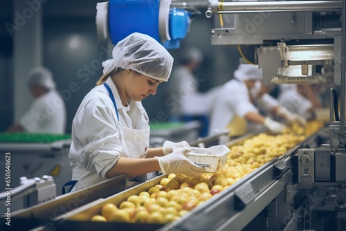 Technologists are controlling the quality of apple production in a food processing plant.