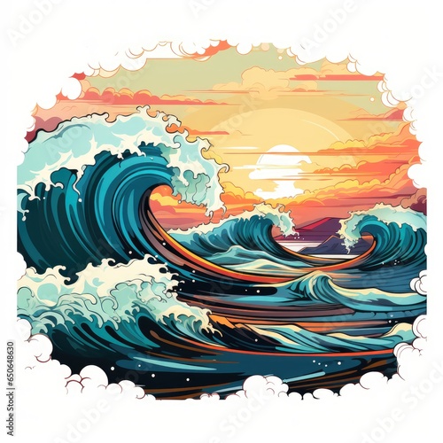 Glittering ocean waves roll onto the sandy shore in cartoon style