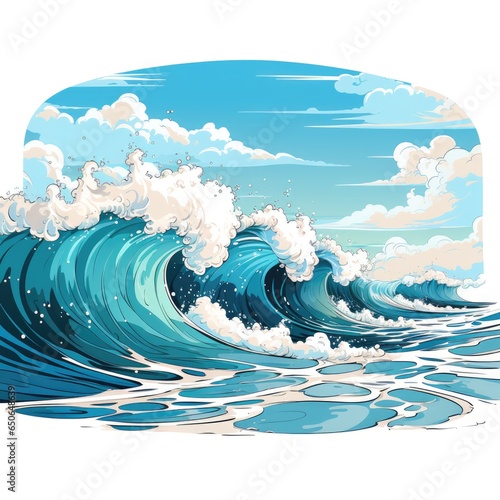 Glittering ocean waves roll onto the sandy shore in cartoon style