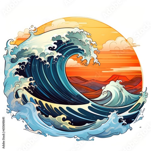Glittering ocean waves roll onto the sandy shore in cartoon style