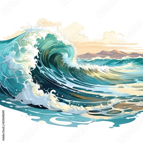 Glittering ocean waves roll onto the sandy shore in cartoon style