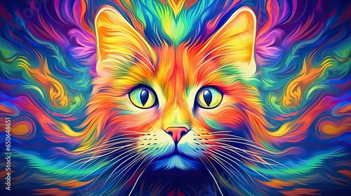 Psychic Waves: Aus der Fantasie in einer verträumten und spirituellen Erscheinung entstandene Visualisierung in Form einer farbenfrohen Katze
