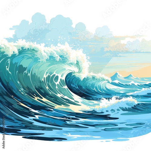 Glittering ocean waves roll onto the sandy shore in cartoon style