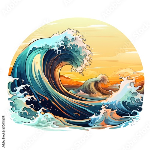 Glittering ocean waves roll onto the sandy shore in cartoon style