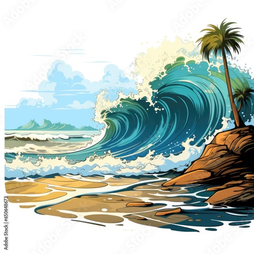 Glittering ocean waves roll onto the sandy shore in cartoon style