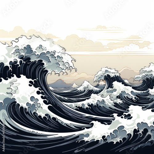 Glittering ocean waves roll onto the sandy shore in cartoon style