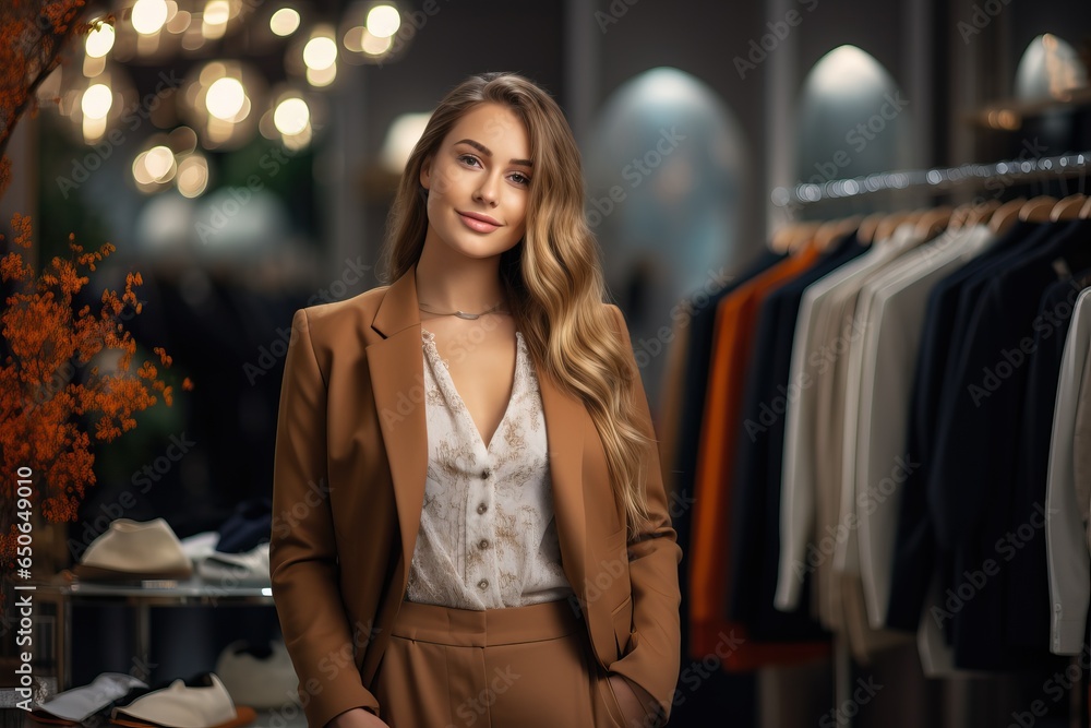 Young woman in an elegant jacket with an autumn look in a modern fashion boutique in a showcase. Young woman in an elegant jacket with an autumn look in a modern fashion boutique in a showcase.