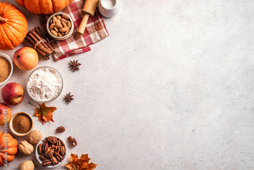 Autumn baking background with pumpkins, apples and nuts Autumn baking background with pumpkins, apples and nuts