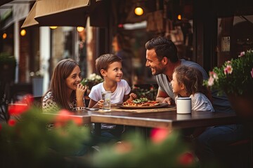 A happy family enjoys a delightful outdoor dinner together, savoring pizza and creating cherished memories.