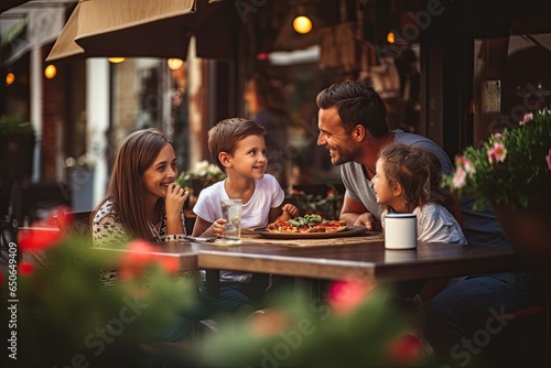 A happy family enjoys a delightful outdoor dinner together, savoring pizza and creating cherished memories.