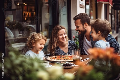 A joyful family gathers at a restaurant, sharing food, laughter, and precious moments during their weekend outing.