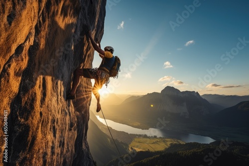 Slika na platnu A lone rock climber braves the heights of a challenging mountain, finding strength, balance, and courage in the face of danger to reach the breathtaking summit at sunset