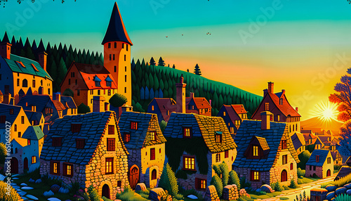 Enchanted Realm: Colorful Cottages in a Fairytale Land. Generative AI.