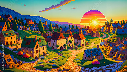 Enchanted Realm: Colorful Cottages in a Fairytale Land. Generative AI.