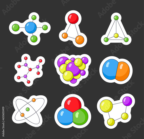 Molecule different shape. Sticker Bookmark. Atom science symbol. Vector drawing. Collection of design elements.