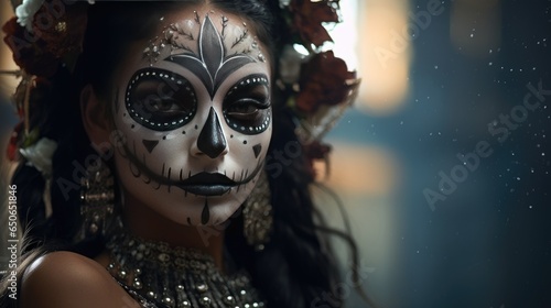 Festive make-up of a Mexican woman. Day of the Dead, Halloween. Concept of Katrina