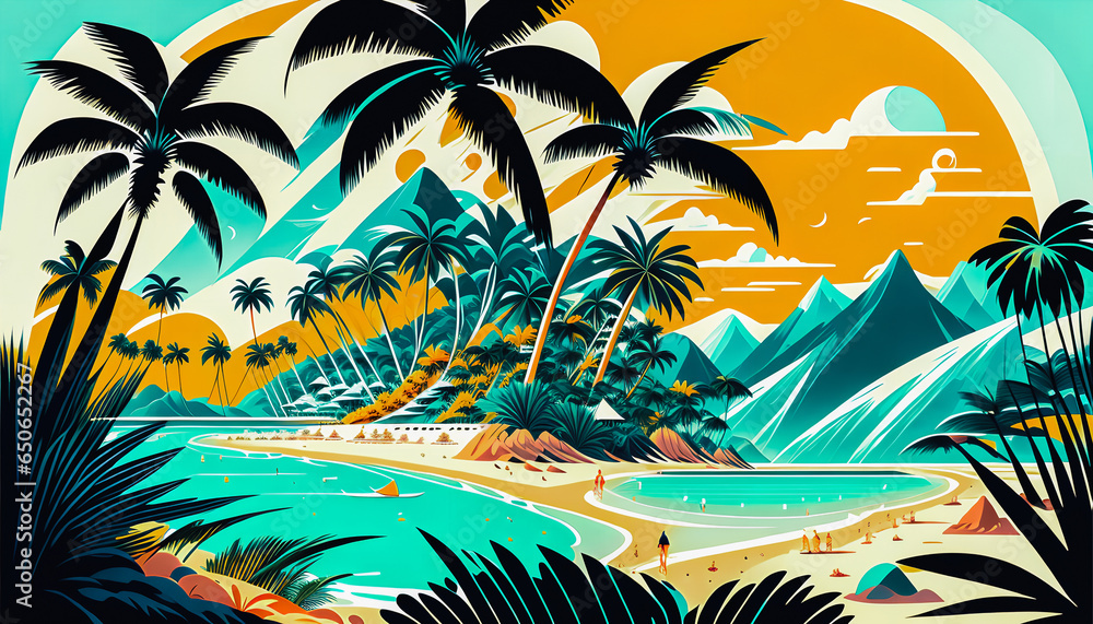 Vacation Postcard with Palms and the Ocean. Generative AI.