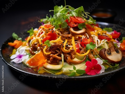 the Ankake Yakisoba focusing on the glossy noodles, topped with garnishes and side condiments photo