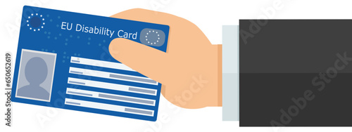 A hand presents a European Union disability card in flat design style (cut out)