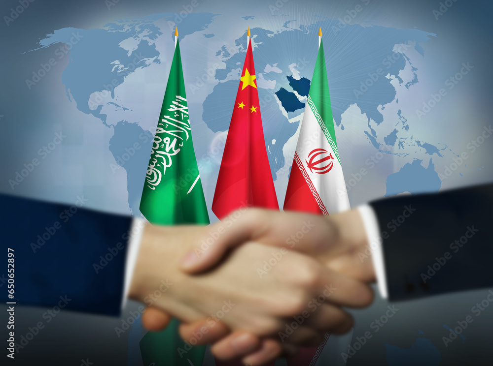 Saudi Arabia and Iran deal mediated by China concept background.Two ...