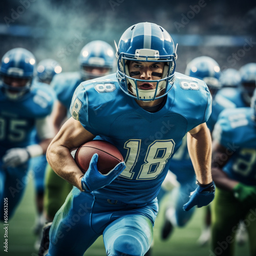 American football players in dynamic action with ball at stadium, sport arena, movement, achievements, leadership, Sports emotions