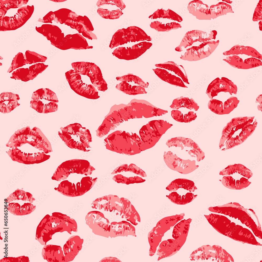 Female red lipstick kiss romantic seamless pattern. Women lips prints, vector illustration on pink background . Quality trace of real imprints texture for fashion design cloth and wrapping paper. - obrazy, fototapety, plakaty 