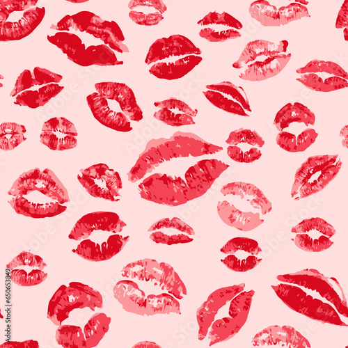 Female red lipstick kiss romantic seamless pattern. Women lips prints, vector illustration on pink background . Quality trace of real imprints texture for fashion design cloth and wrapping paper.