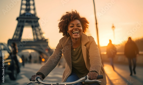 Cheerful Happy young black woman riding bicycle in Paris  photo