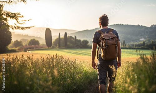 Male hiker traveling, walking alone Italian Tuscan Landscape view 