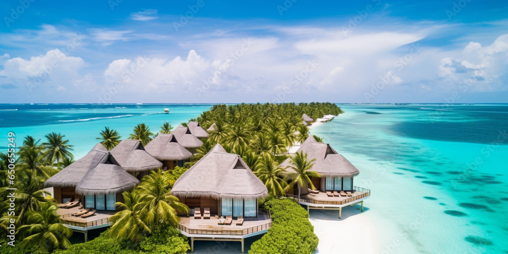 Tropical beach panorama view, Bungalows stay in Sea, coastline with palms, Caribbean sea in sunny day, summer time.