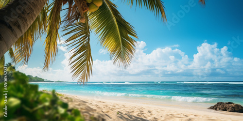 Tropical beach panorama view, coastline with palms, Caribbean sea in sunny day, summer time, Tropical seascape with Palm trees, Background of summer beach, white sand coastline.