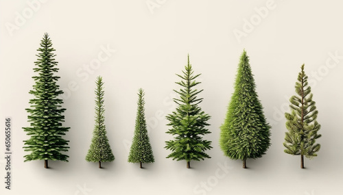 Types of Christmas Tree Mockup Closeup isolated. White background. Christmas Eve top view flat lay. Winter traditional holidays. Merry Christmas Happy New Year concept blank template copy space.
