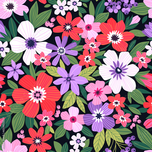 Fototapeta Naklejka Na Ścianę i Meble -  Vector seamless pattern. Pretty pattern in small flowers. Small lilac and red flowers. Dark blue background. Trendy floral background. Elegant template for fashion prints. Stock vector.