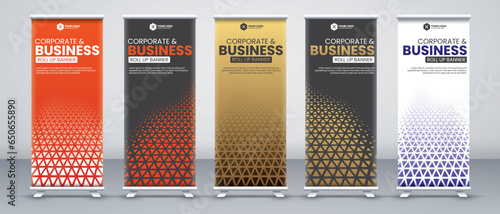 Corporate business conference roll up banner designs for x stand with luxury and eye catchy orange, black, gold and white colors