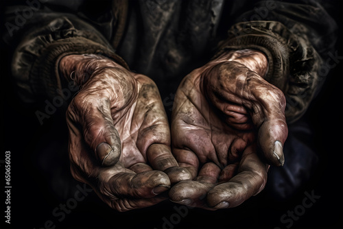 The poor old man's hands beg you for help. The concept of hunger or poverty. Selective focus. Poverty in retirement. Alms. Hypotrophy © Nadezda Ledyaeva