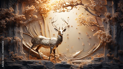 interior mural painting wall art decor wallpaper for home living room. 3d modern stereo stag deer animal with forest wall © Papilouz Studio