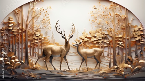 interior mural painting wall art decor wallpaper for home living room. 3d modern stereo stag deer animal with forest wall © Papilouz Studio