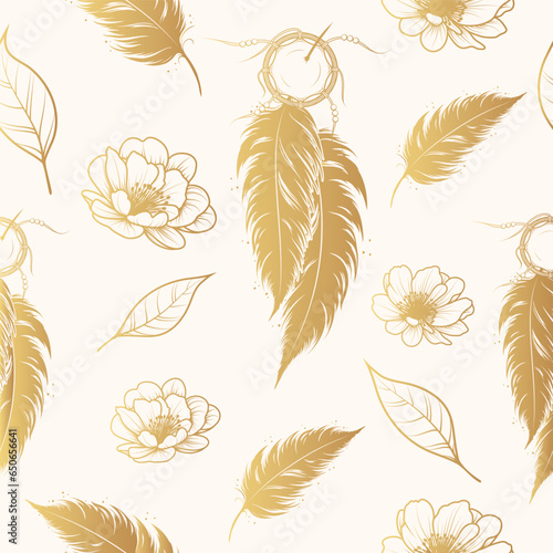 Golden dreams catcher, leaves and flowers seamless pattern. Hand drawn vintage background for textile, notebook covers and wallpaper. Vector illustration in boho style.