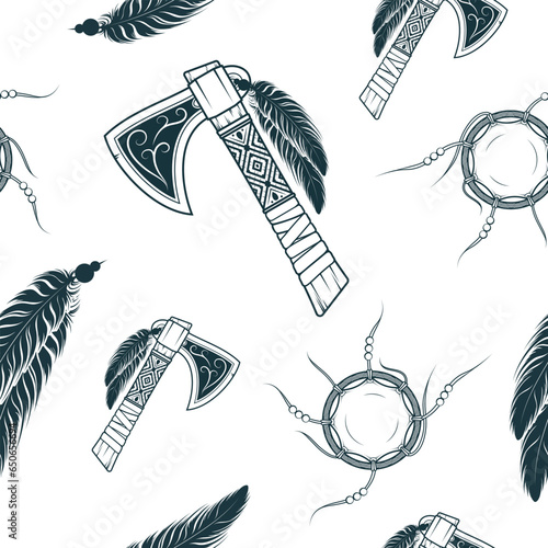 Tomahawk and feathers seamless pattern. Hand drawn Native American Indians icons in boho style for textile design, background and wrapping paper.