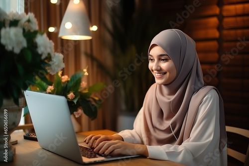 Muslim woman wearing hijab working on laptop at beautiful cozy office.