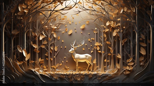 Photographie Abstract modern 3d interior mural stag wall art dark and golden forest trees, de