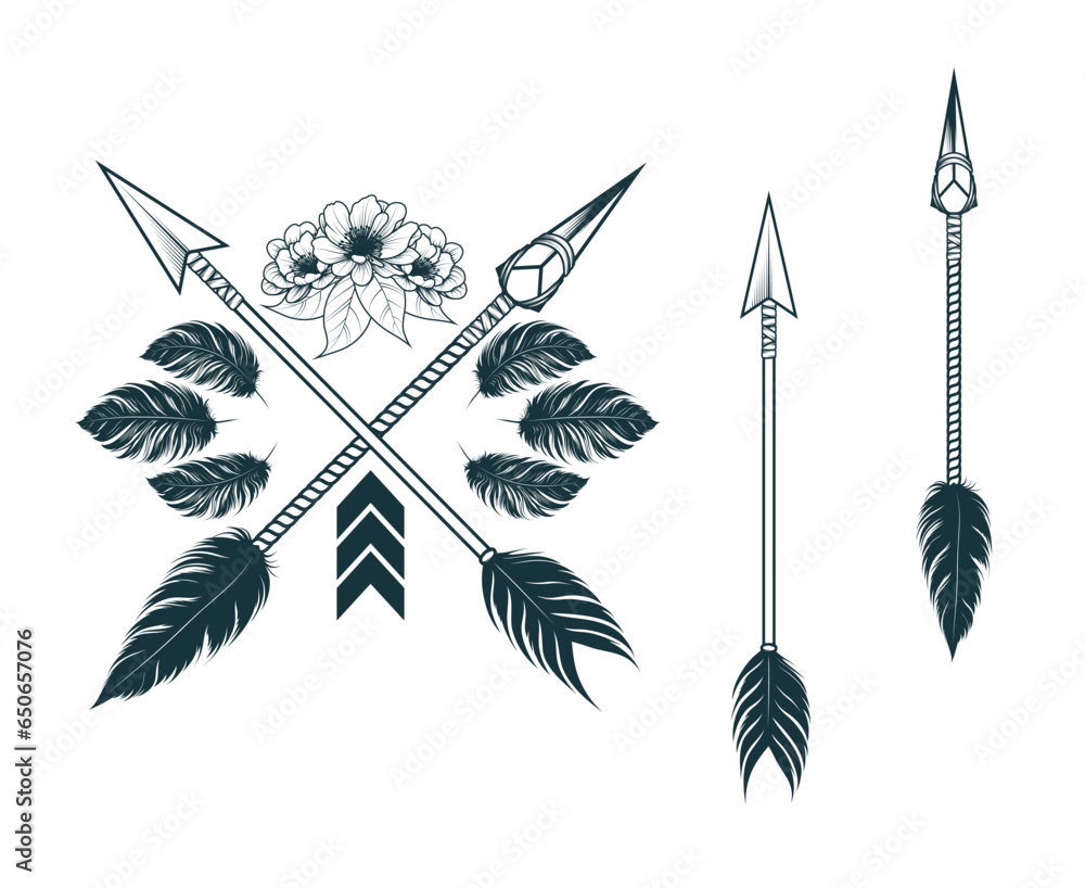 Indian arrows with feathers and flowers. Hand drawn ethnic design elements in boho style. Vector illustration for tattoo, web design, t-shirts and print. Indian arrows with feathers and flowers. Hand drawn ethnic design elements in boho style. Vector illustration for tattoo, web design, t-shirts and print.