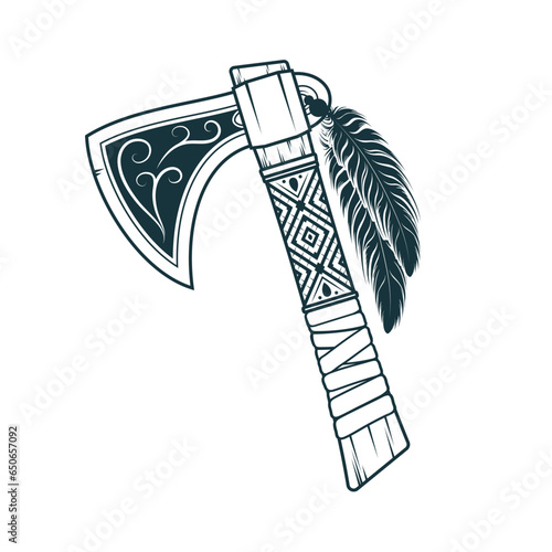 Indian tomahawk with feathers isolated on a white background. Vector illustration can be used for printing on t-shirts, covers, tattoos and web design.